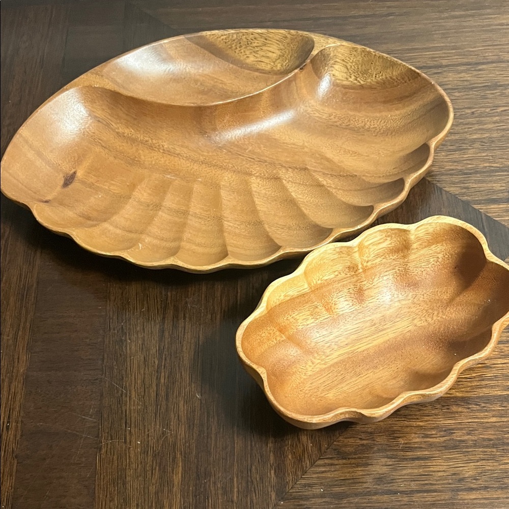 VINTAGE MONKEY POD 2 PC WOODEN SERVING CHIPS DIP SET WOOD KITCHENWARE